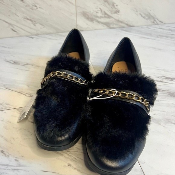 NEW A New Day Black Fur Gold Chain Link Loafers SZ 8.5 - Picture 2 of 5